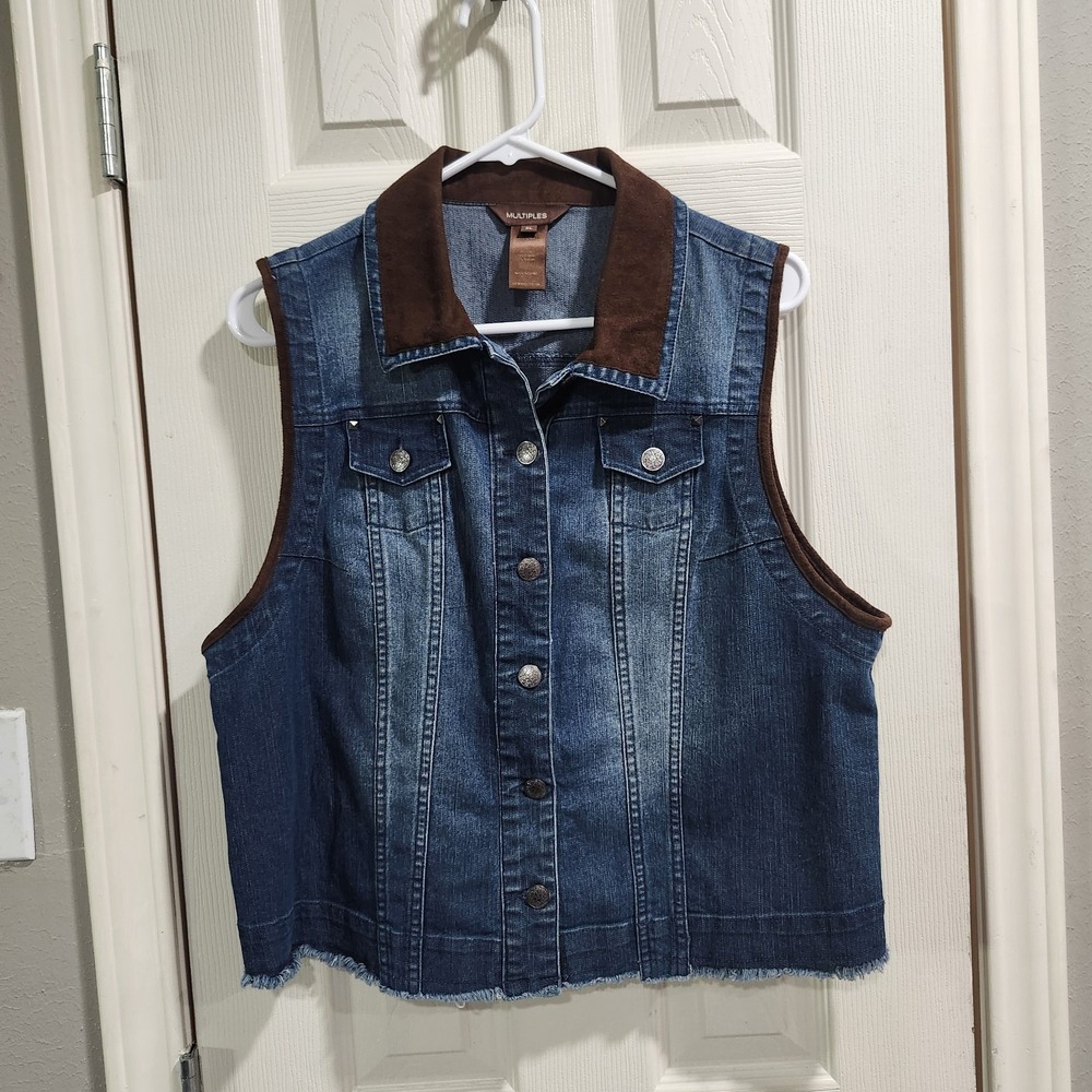 Multiples Denim Vest Womens PL Petite Large Brown Collar Western Button